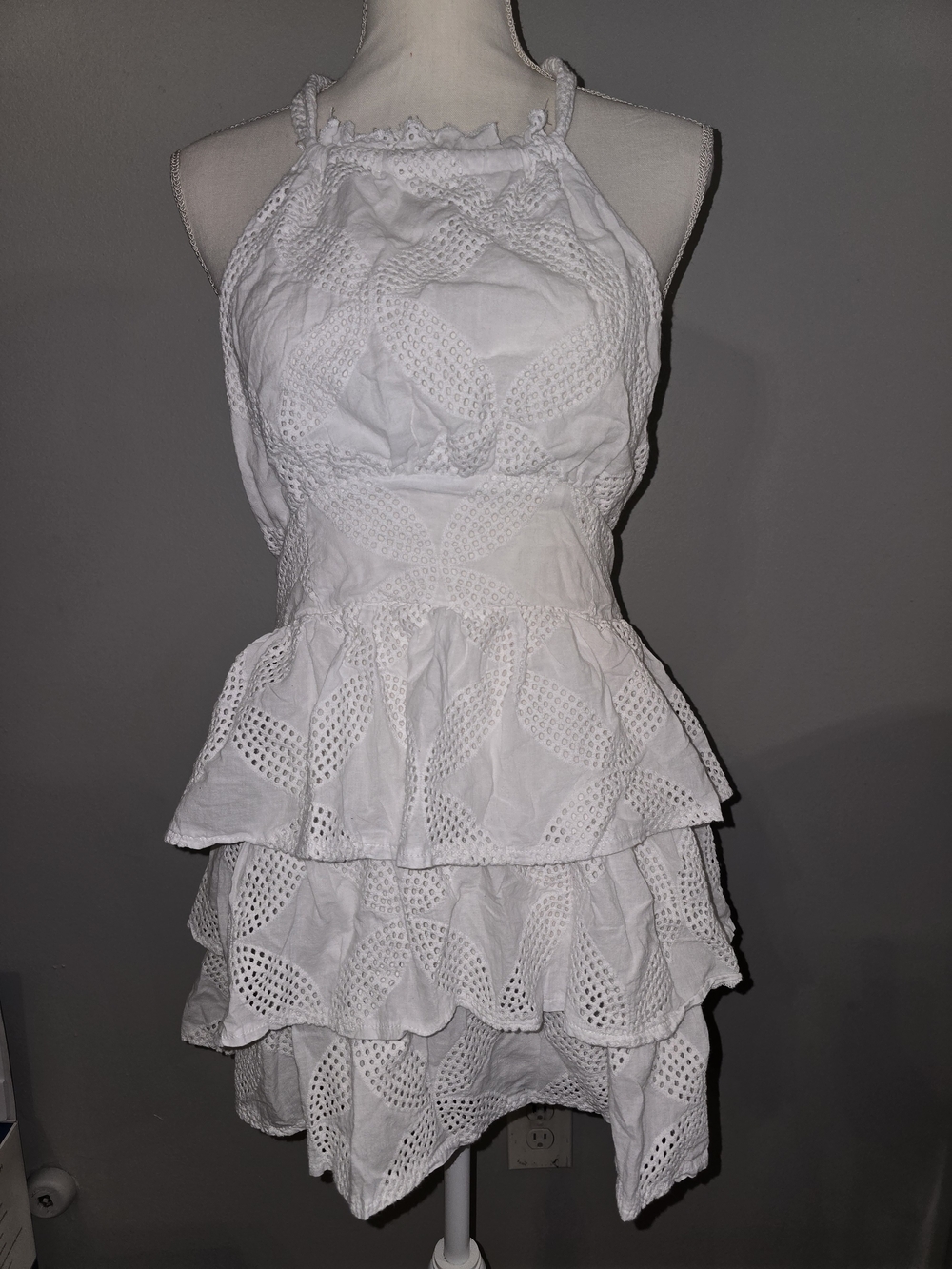 White Eyelet Halter Mini Dress with Tiered Ruffles